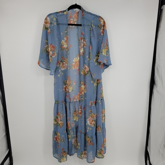 Bathing Suit Cover Up American Eagle Floral Print Chiffon Swim Kimono Blue - Picture 3 of 15